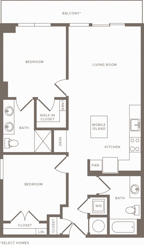 Floor plan for 2 beds, 2 baths, 950 sqft