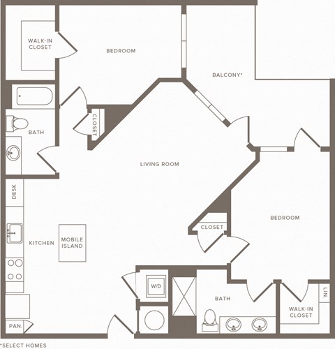 Floor plan for 2 beds, 2 baths, 1182 sqft