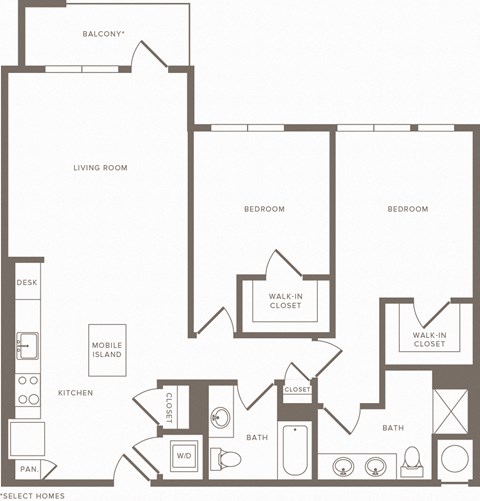 Floor plan for 2 beds, 2 baths, 1137 sqft