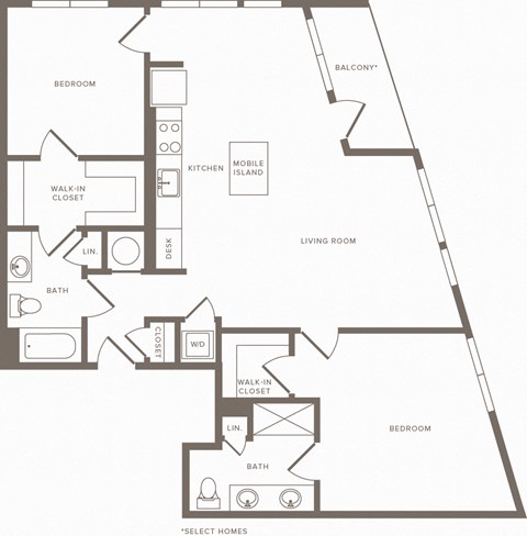 Floor plan for 2 beds, 2 baths, 1138 sqft