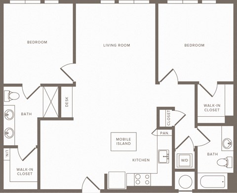 Floor plan for 2 beds, 2 baths, 1267 sqft