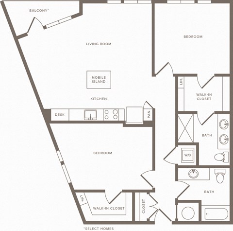 Floor plan for 2 beds, 2 baths, 1172 sqft
