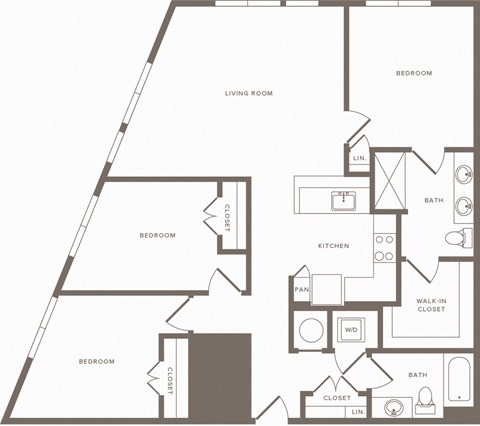 Floor plan for 3 beds, 2 baths, 1281 sqft