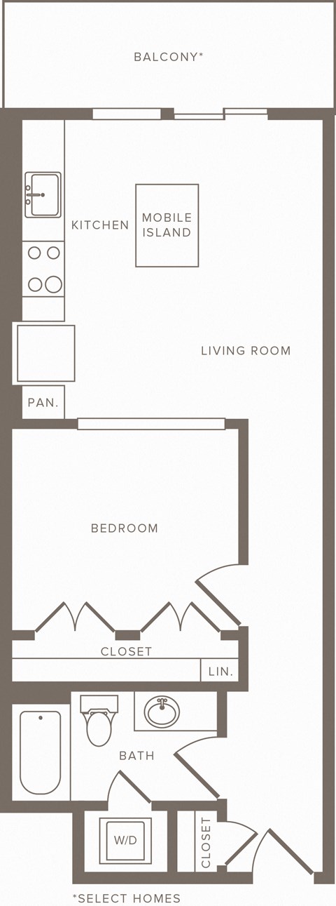 Floor plan for studio, 1 bath, 609 sqft