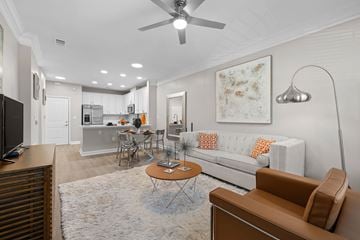 Johns Creek apartment for rent - A living room with a brown couch and a white rug.