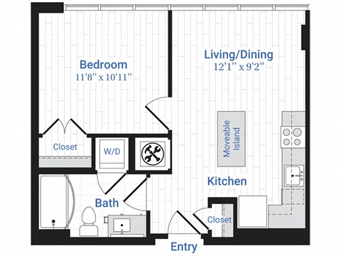 Floor plan for 1 bed, 1 bath, 538 sqft