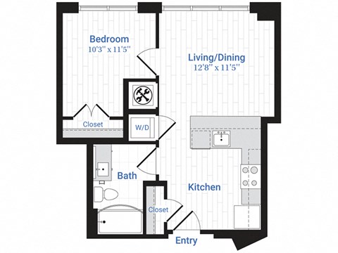 Floor plan for 1 bed, 1 bath, 560 sqft