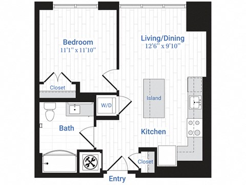 Floor plan for 1 bed, 1 bath, 616 sqft