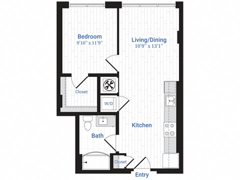Floor plan for 1 bed, 1 bath, 635 sqft