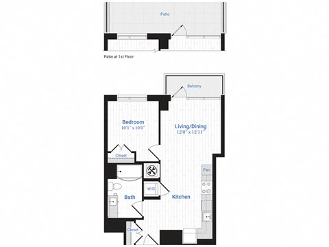 Floor plan for 1 bed, 1 bath, 642 sqft