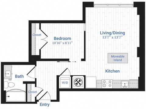 Floor plan for 1 bed, 1 bath, 654 sqft