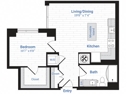 Floor plan for 1 bed, 1 bath, 691 sqft