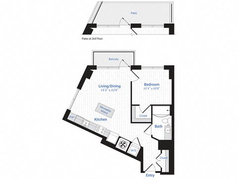 Floor plan for 1 bed, 1 bath, 693 sqft