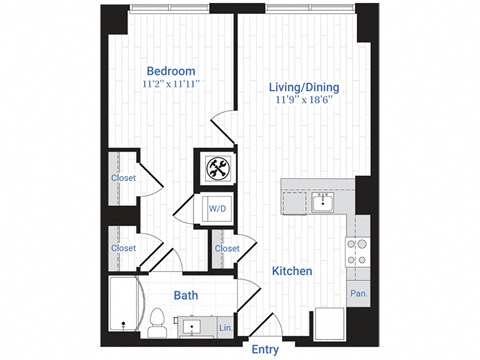 Floor plan for 1 bed, 1 bath, 728 sqft