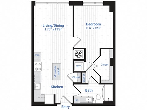 Floor plan for 1 bed, 1 bath, 728 sqft