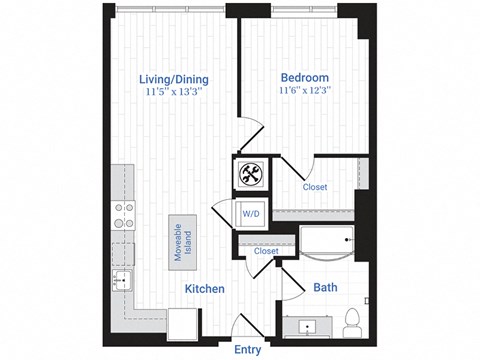 Floor plan for 1 bed, 1 bath, 736 sqft