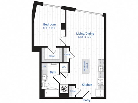 Floor plan for 1 bed, 1 bath, 764 sqft