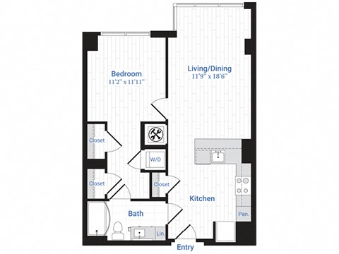 Floor plan for 1 bed, 1 bath, 775 sqft