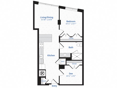 Floor plan for 1 bed, 1 bath, 856 sqft
