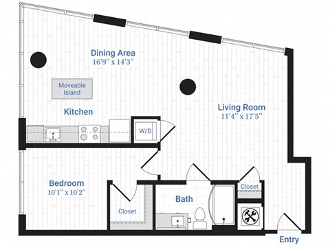 Floor plan for 1 bed, 1 bath, 880 sqft