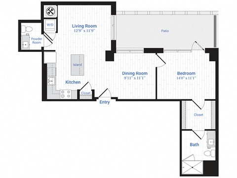 Floor plan for 1 bed, 1.5 baths, 905 sqft