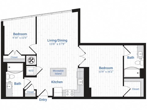 Floor plan for 2 beds, 2 baths, 1006 sqft