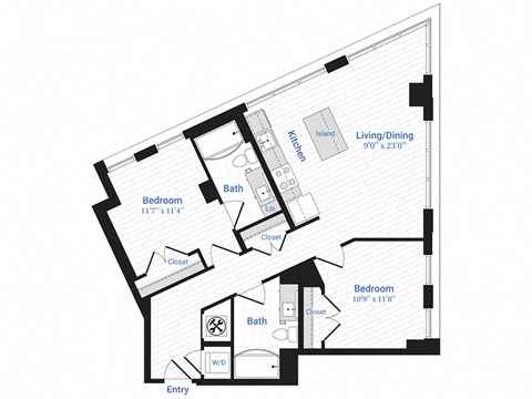 Floor plan for 2 beds, 2 baths, 1031 sqft