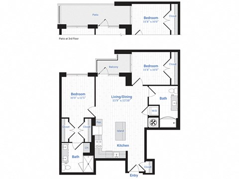 Floor plan for 2 beds, 2 baths, 1039 sqft