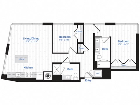 Floor plan for 2 beds, 2 baths, 1071 sqft