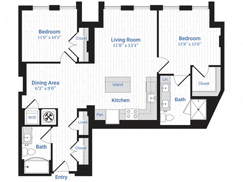 Floor plan for 2 beds, 2 baths, 1079 sqft
