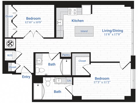 Floor plan for 2 beds, 2 baths, 1113 sqft