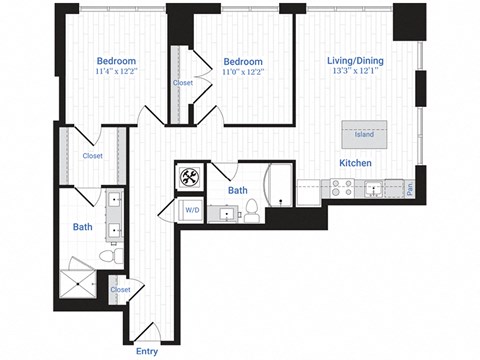 Floor plan for 2 beds, 2 baths, 1117 sqft