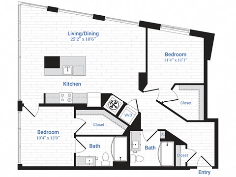 Floor plan for 2 beds, 2 baths, 1162 sqft
