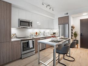 Washington apartment for rent - kitchen with wood cabinets and dining table