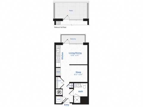 Floor plan for studio, 1 bath, 481 sqft