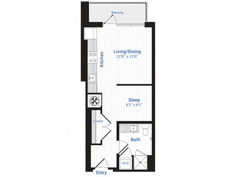 Floor plan for studio, 1 bath, 537 sqft