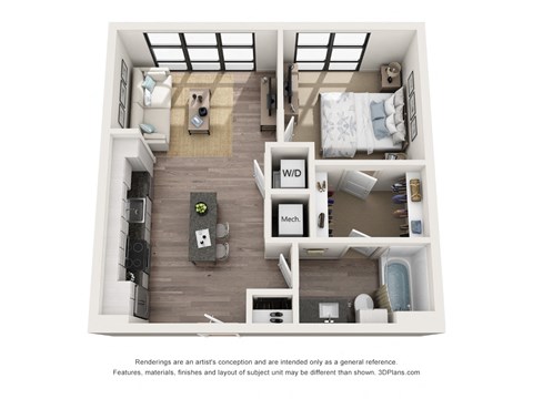 Floor plan for 1 bed, 1 bath, 805 sqft