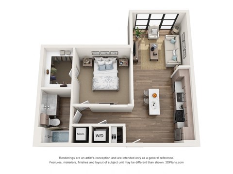Floor plan for 1 bed, 1 bath, 687 sqft