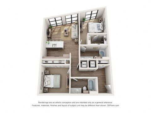 Floor plan for 2 beds, 2 baths, 1036 sqft
