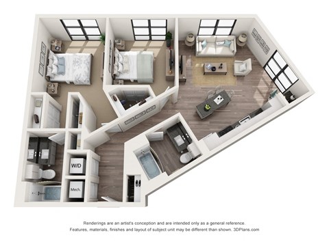 Floor plan for 2 beds, 2 baths, 1025 sqft