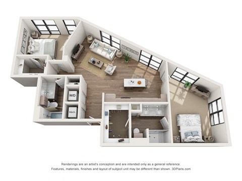 Floor plan for 2 beds, 2 baths, 1057 sqft