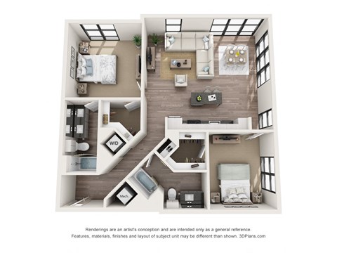 Floor plan for 2 beds, 2 baths, 1152 sqft