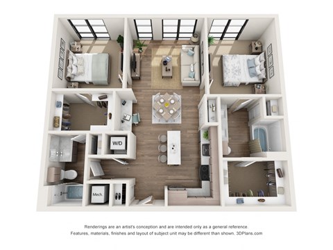 Floor plan for 2 beds, 2 baths, 1152 sqft