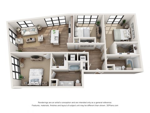 Floor plan for 3 beds, 2 baths, 1358 sqft