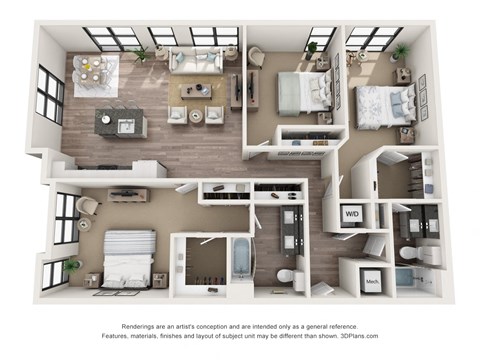 Floor plan for 3 beds, 2 baths, 1351 sqft