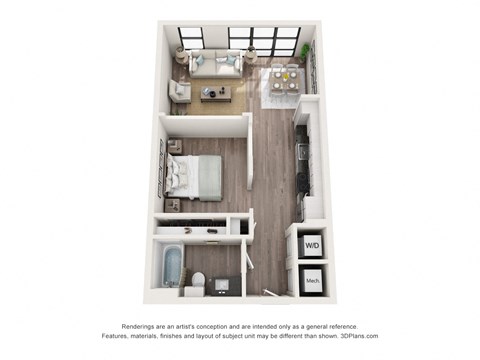 Floor plan for studio, 1 bath, 608 sqft