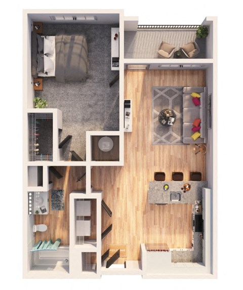 Floor plan for 1 bed, 1 bath, 667 sqft