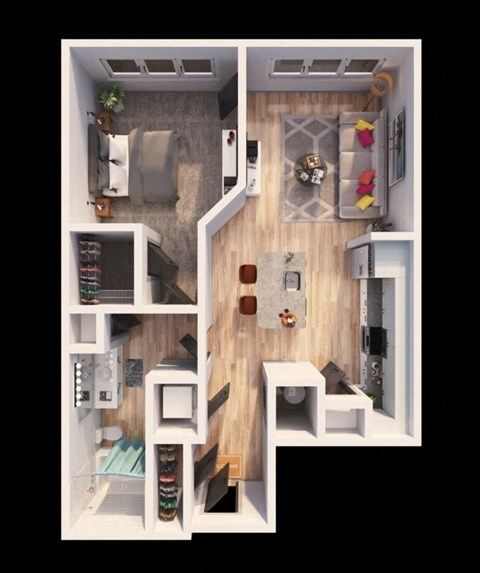 Floor plan for 1 bed, 1 bath, 678 sqft