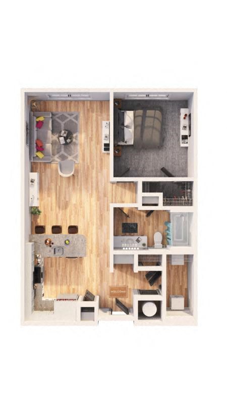 Floor plan for 1 bed, 1 bath, 767 sqft