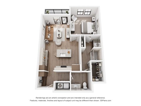 Floor plan for 1 bed, 1 bath, 827 sqft
